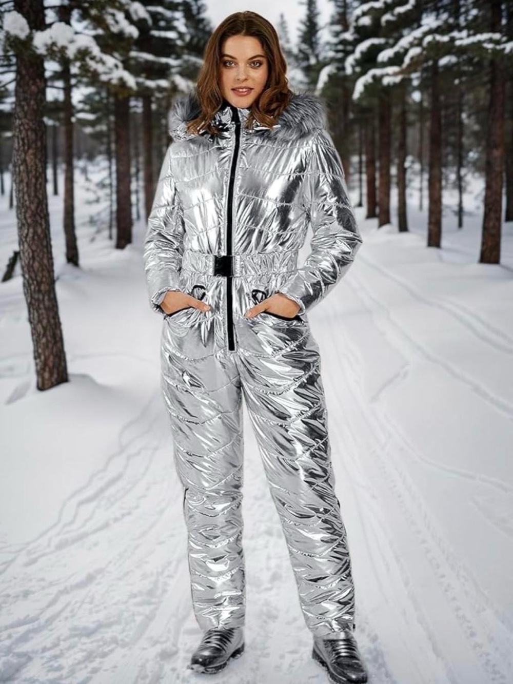 Metallic Silver Puffer Ski Jumpsuit with Faux-Fur Hood
